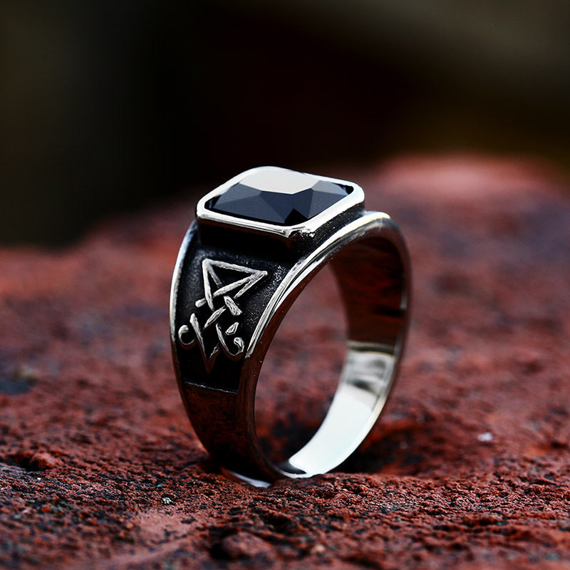 Lucifer Satan Inspired Stainless Steel Men's Ring - Retro Titanium Steel with Stone Inlays, Sizes 7-13 Available