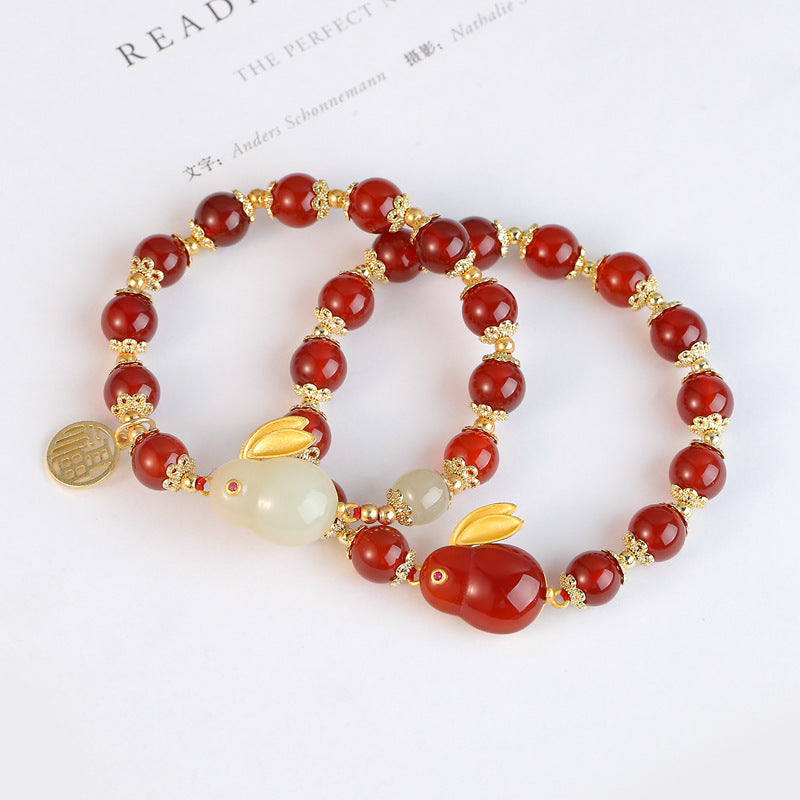 Natural Red Agate and Hetian Jade Sterling Silver Bracelet with Jade Rabbit