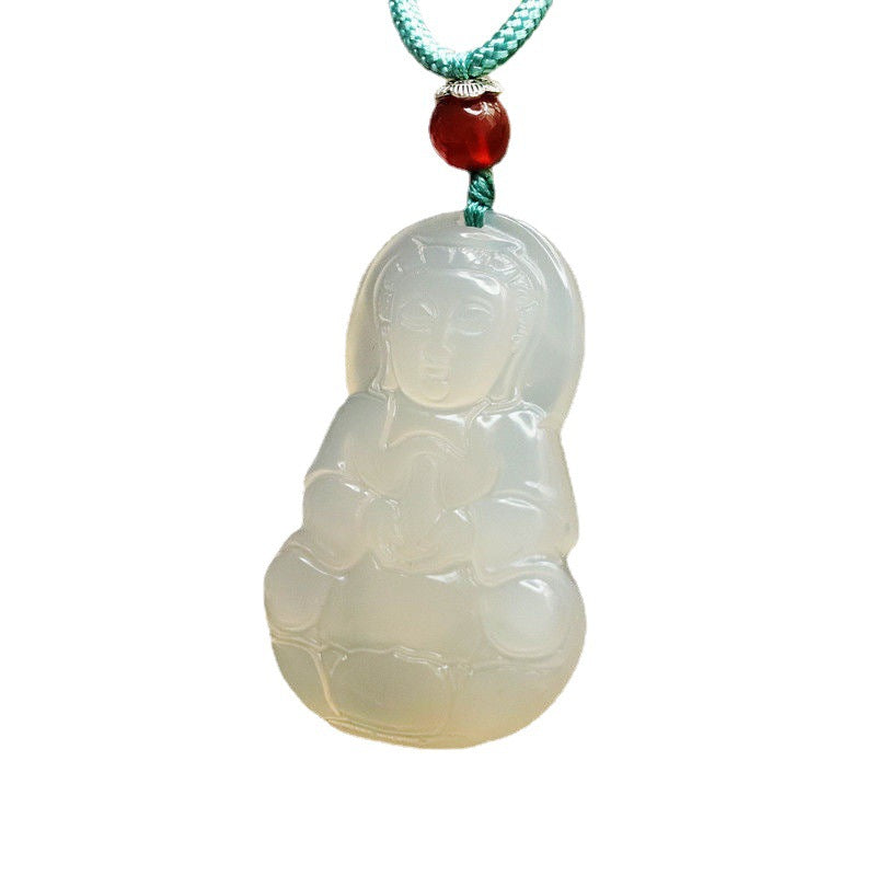 White Chalcedony Guanyin Sterling Silver Pendant