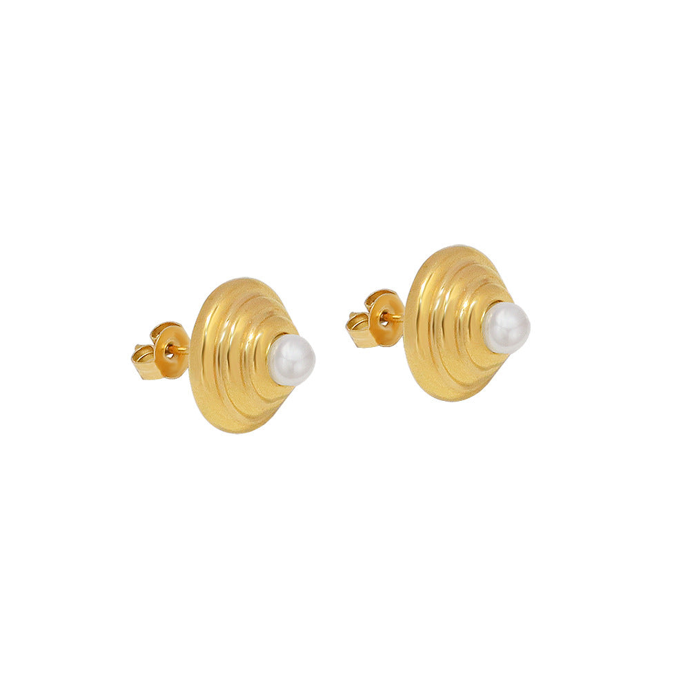 Golden Threaded Pearl Stud Earrings: Minimalist Titanium Steel Jewelry