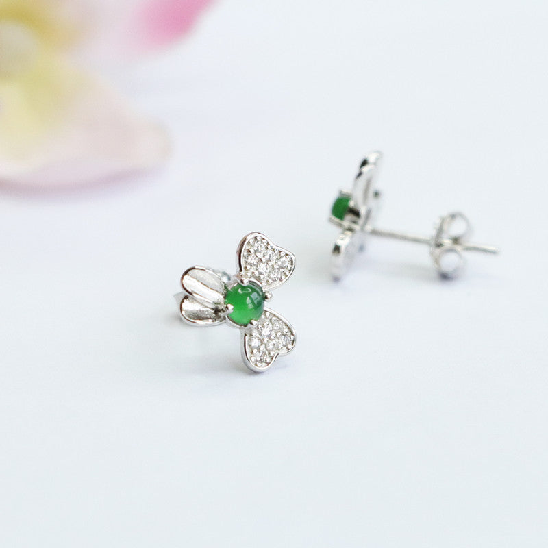 Elegant Sterling Silver Green Jade Floral Stud Earrings