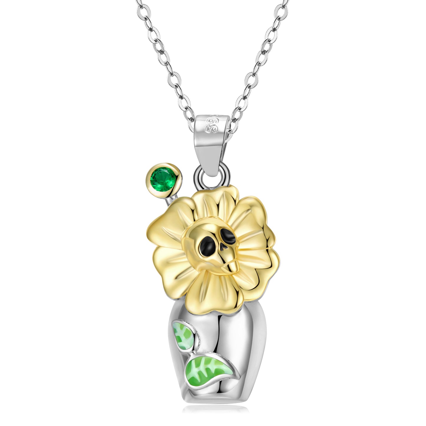 Halloween Skull  Flower Vase with Green Zircon Silver Necklace