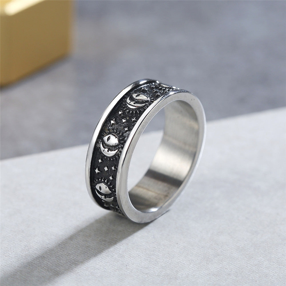 Personality Retro Sun Moon Star Titanium Steel Ring for Men