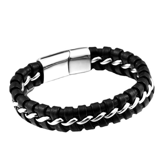 Men's Ethnic Style Retro Black Woven Leather and Stainless Steel Bracelet