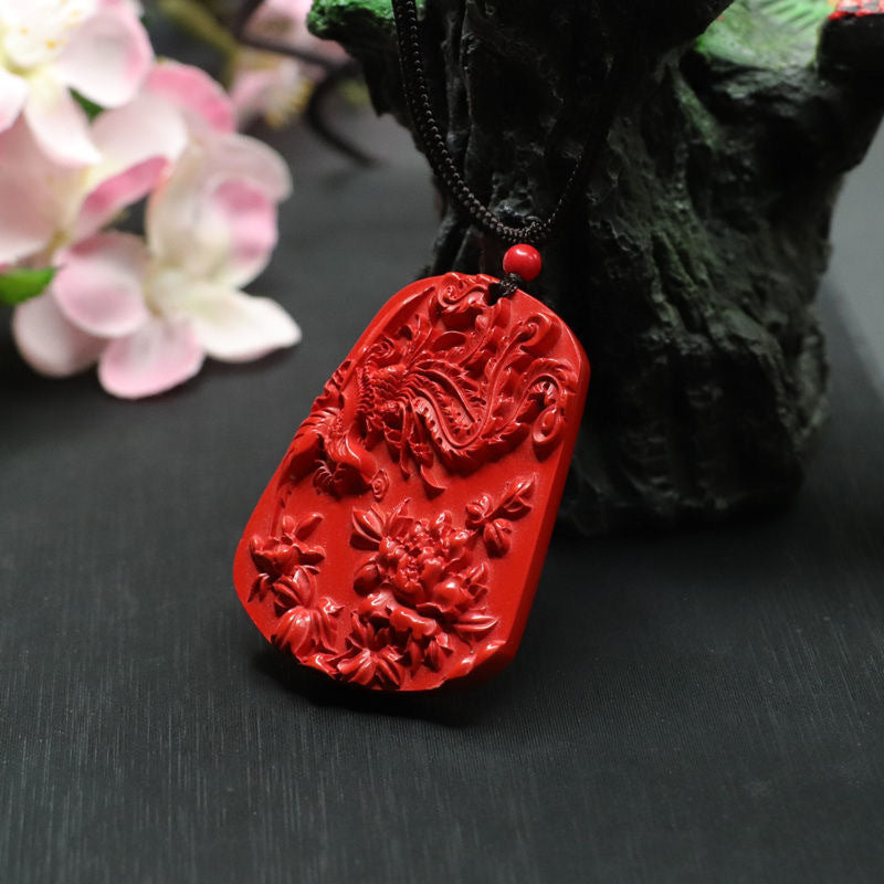 Cinnabar Phoenix Peony Sterling Silver Pendant