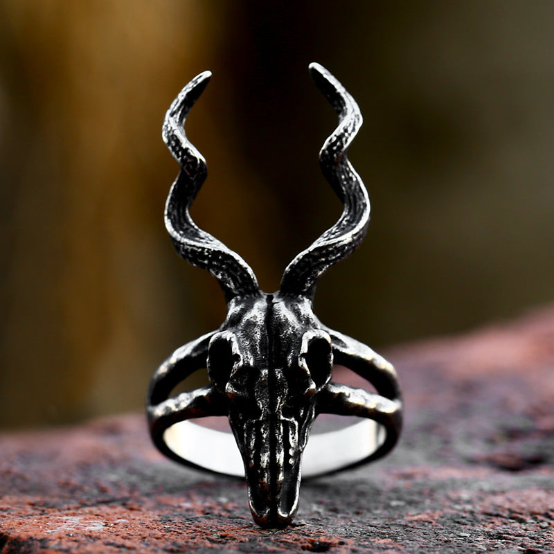 Customizable Titanium Steel Sheep Skull Ring for Men - Retro European & American Design