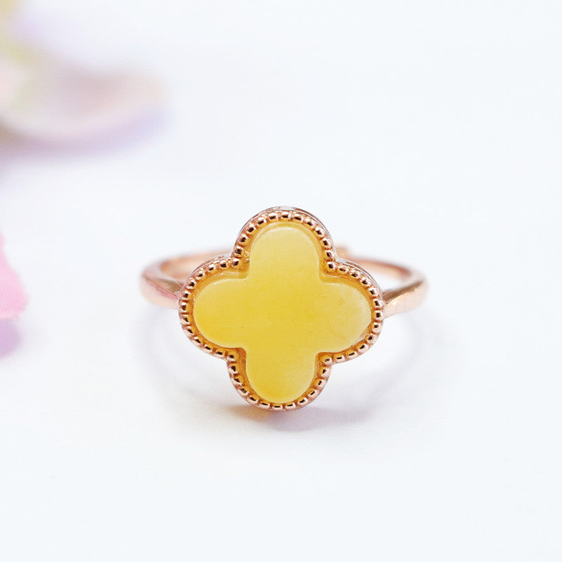 Russian Amber and Sterling Silver Adjustable Clover Ring