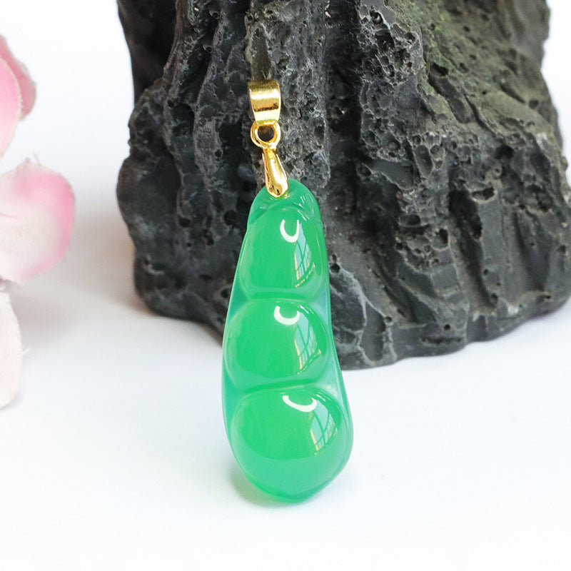 Golden Necklace with Natural Green Chalcedony Pendant