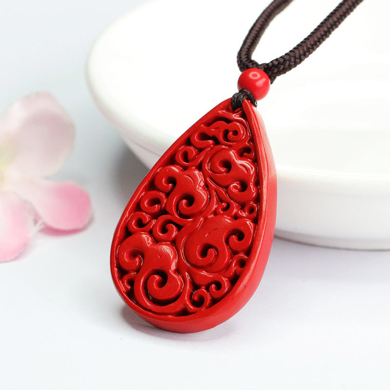 Red Sand Carving Sterling Silver Cinnabar Pendant with Auspicious Cloud and Water Drop