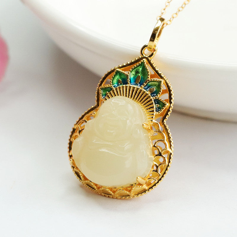 S925 Silver Natural Hotan Jade Pendant Buddha Hollow Necklace