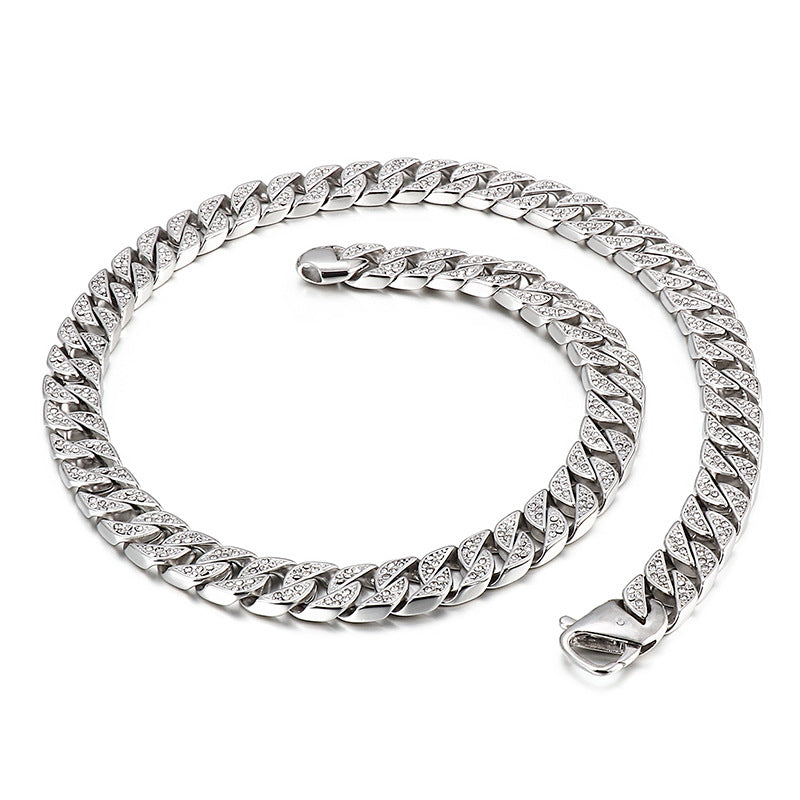 Men's Diamond-Encrusted Gold Cuban Chain Necklace - Hip Hop Stylish Stainless Steel Jewelry for Dominating Looks