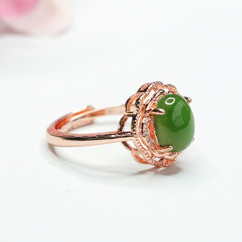 Elegant Retro Hetian Jade Petal Ring with Sterling Silver