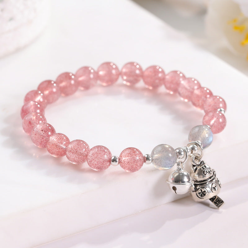 Sterling Silver Cat Bell Bracelet with Natural Strawberry Crystal and Moonstone Beads