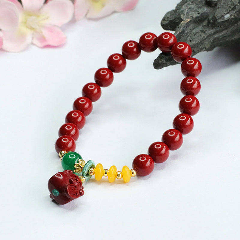 Fortune's Favor Cinnabar and Gold Sand Lucky Cat Bracelet for Women