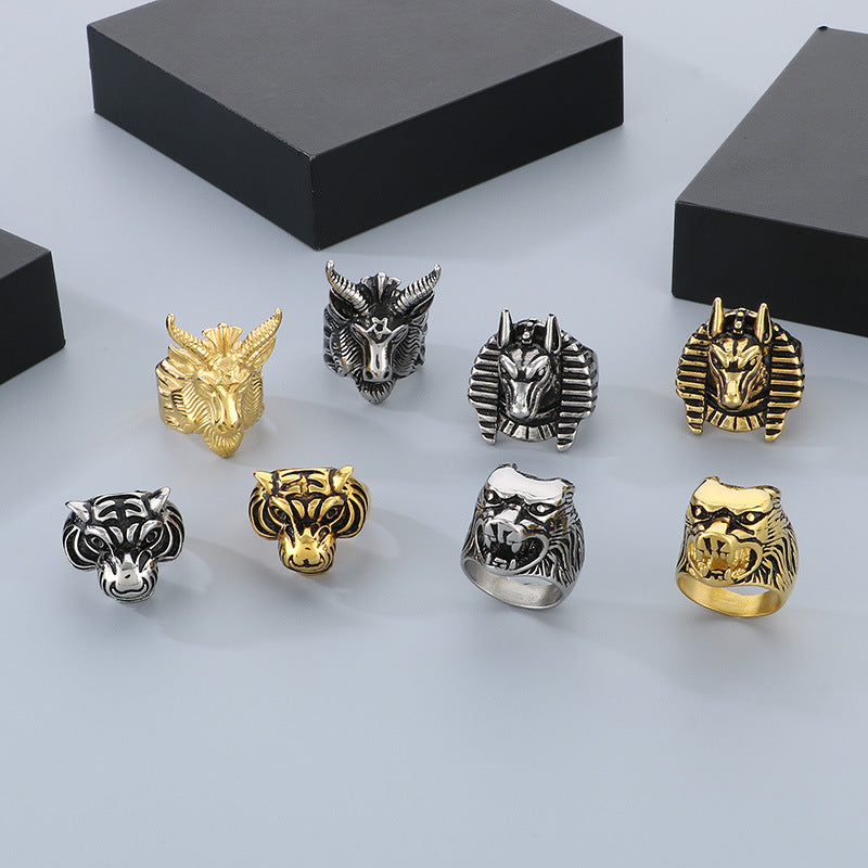 Zodiac Power Men's Ring: Retro Stainless Steel Animal Head Design Featuring Tiger, Wolf, and Sheep