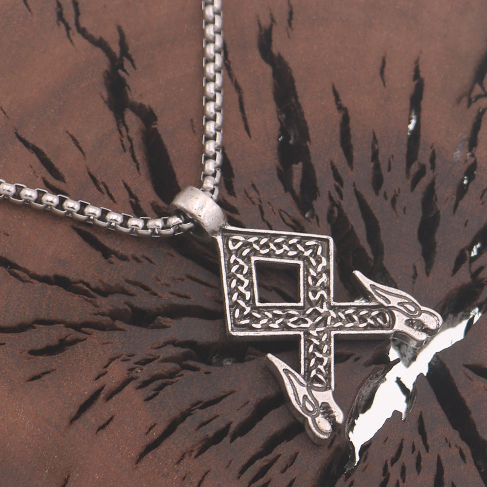 Nordic Wolf Head Rune Necklace with Titanium Steel Box Chain for Men