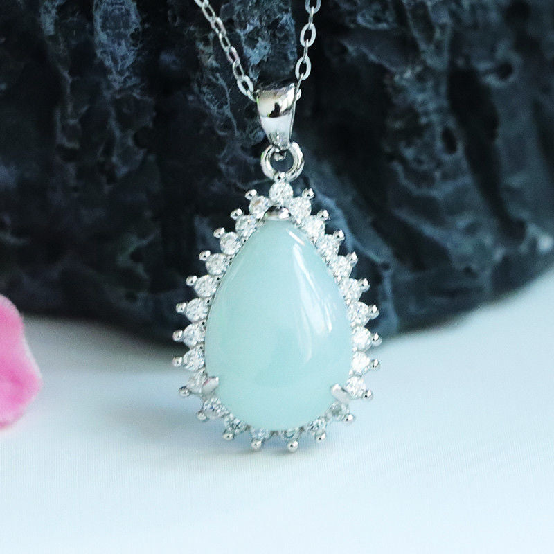 Sterling Silver Jade Water Drop Pendant Necklace with Zircon Halo