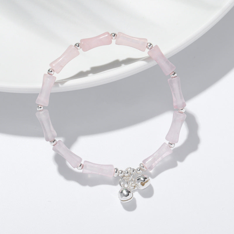 Retro Chinese Style Pink Quartz Crystal Bracelet with Sterling Silver and Fortune Bell Detail