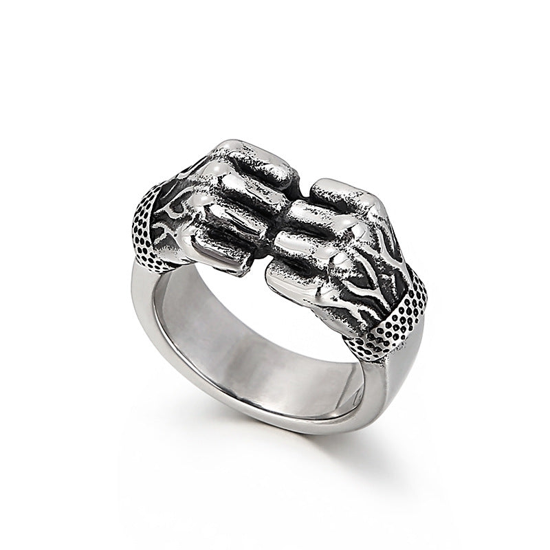 Retro-Inspired Titanium Steel Men's Ring - European and American Hip-Hop Style Double Fist Jewelry