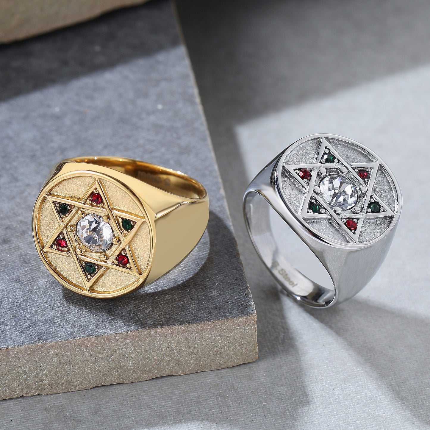 Fashion Simple Six-pointed Star Colourful Zircon Titanium Steel Ring for Men