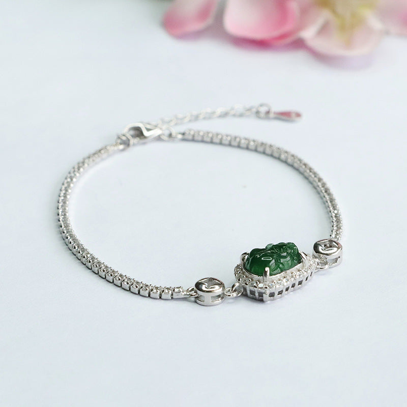 Sterling Silver Pixiu Bracelet with Natural Jade Inlay