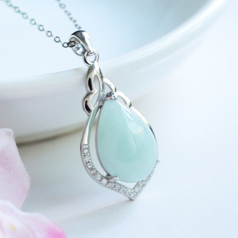 Sterling Silver Water Drop Jade Necklace with Zircon Accents