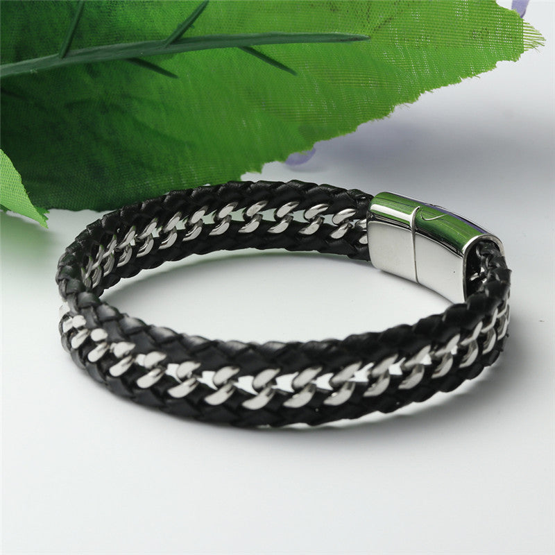 Men's Titanium Steel Punk Leather Bracelet with Woven Hollow Chain Design