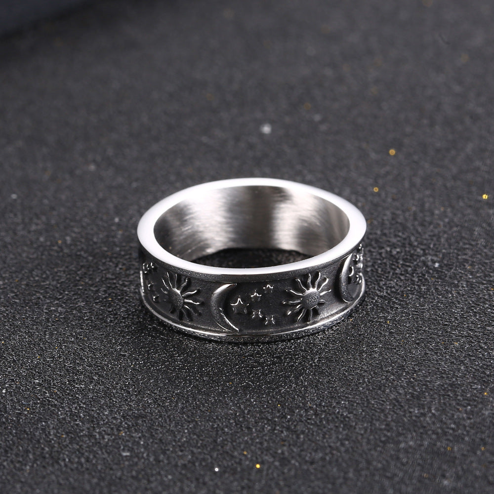 Personalized Retro Hip-Hop Stainless Steel Ring for Men with Star, Sun, and Moon Design