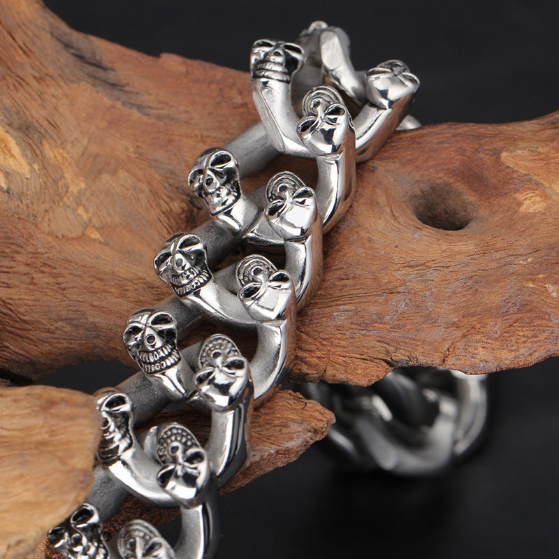 Stylish Double-Row Skull Titanium Steel Bracelet for Men - European and American Fashion