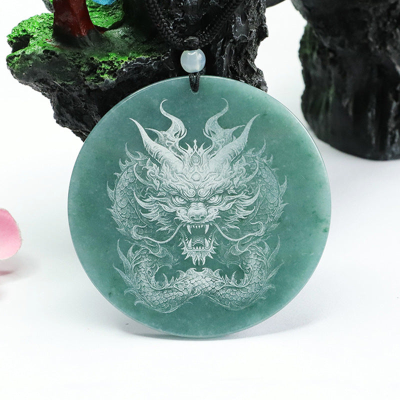 Dominant Dragon Carved Natural Jade Round Pendant in Blue and Green Shadow