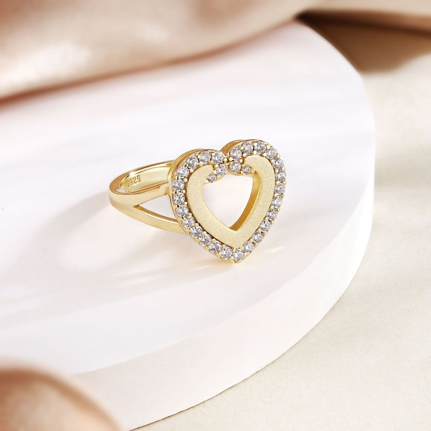 Golden Sandblasting Zircon Hollow Heart Shaped Sterling Silver Ring