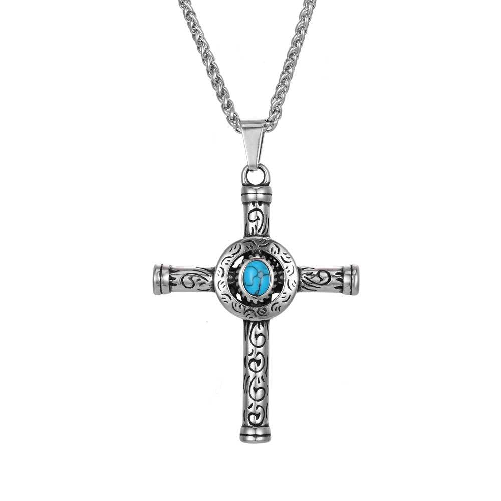 Titanium Steel Cross Pendant Necklace with Turquoise Accent for Men