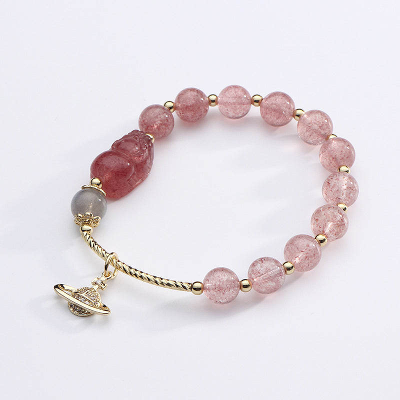 Strawberry Crystal Pixiu Bracelet - Sterling Silver, Female Skill, Peach Blossom Design