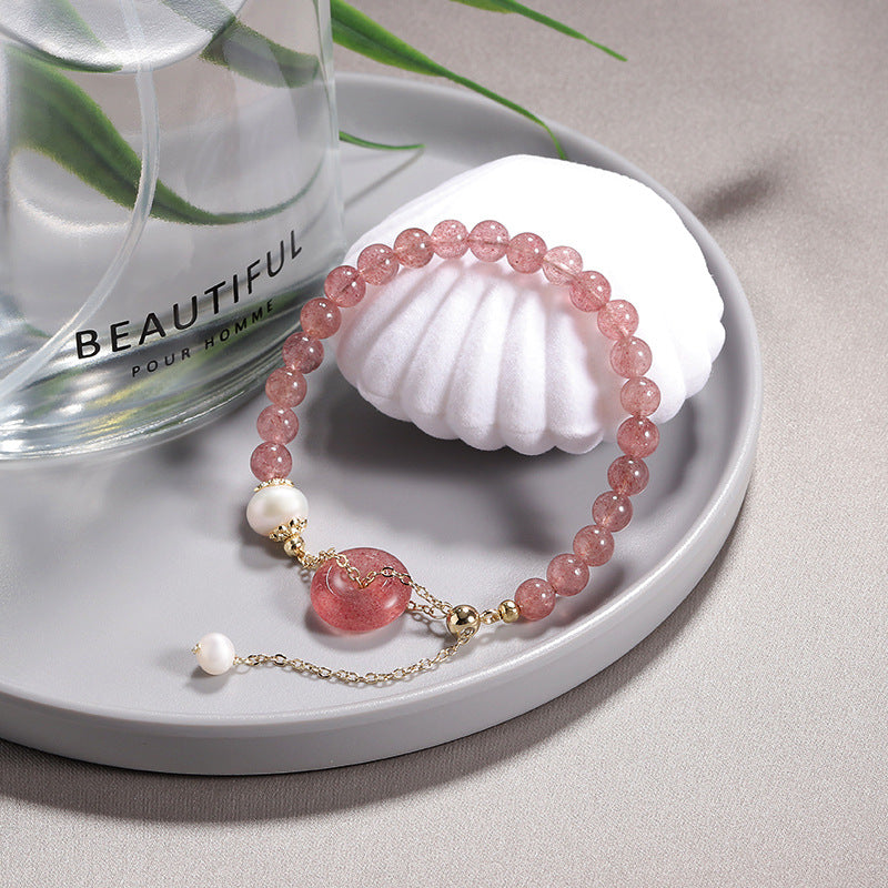 Strawberry Crystal and Freshwater Pearl Sterling Silver Bracelet with Safe Buckle