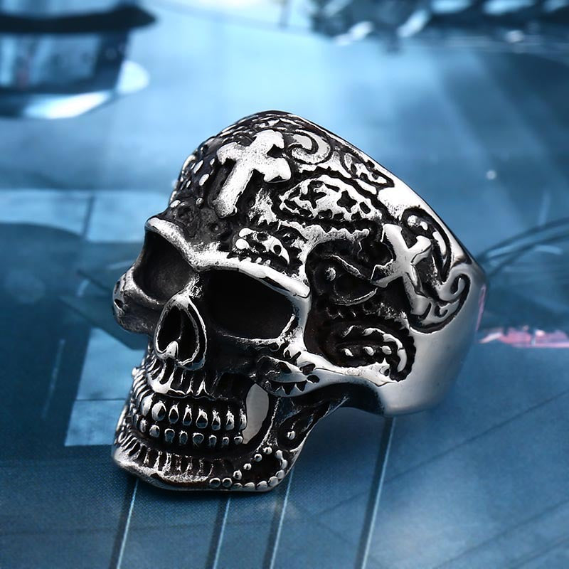 Men's Customizable Gold-Plated Titanium Steel Skull Cross Ring - Edgy Punk Jewelry