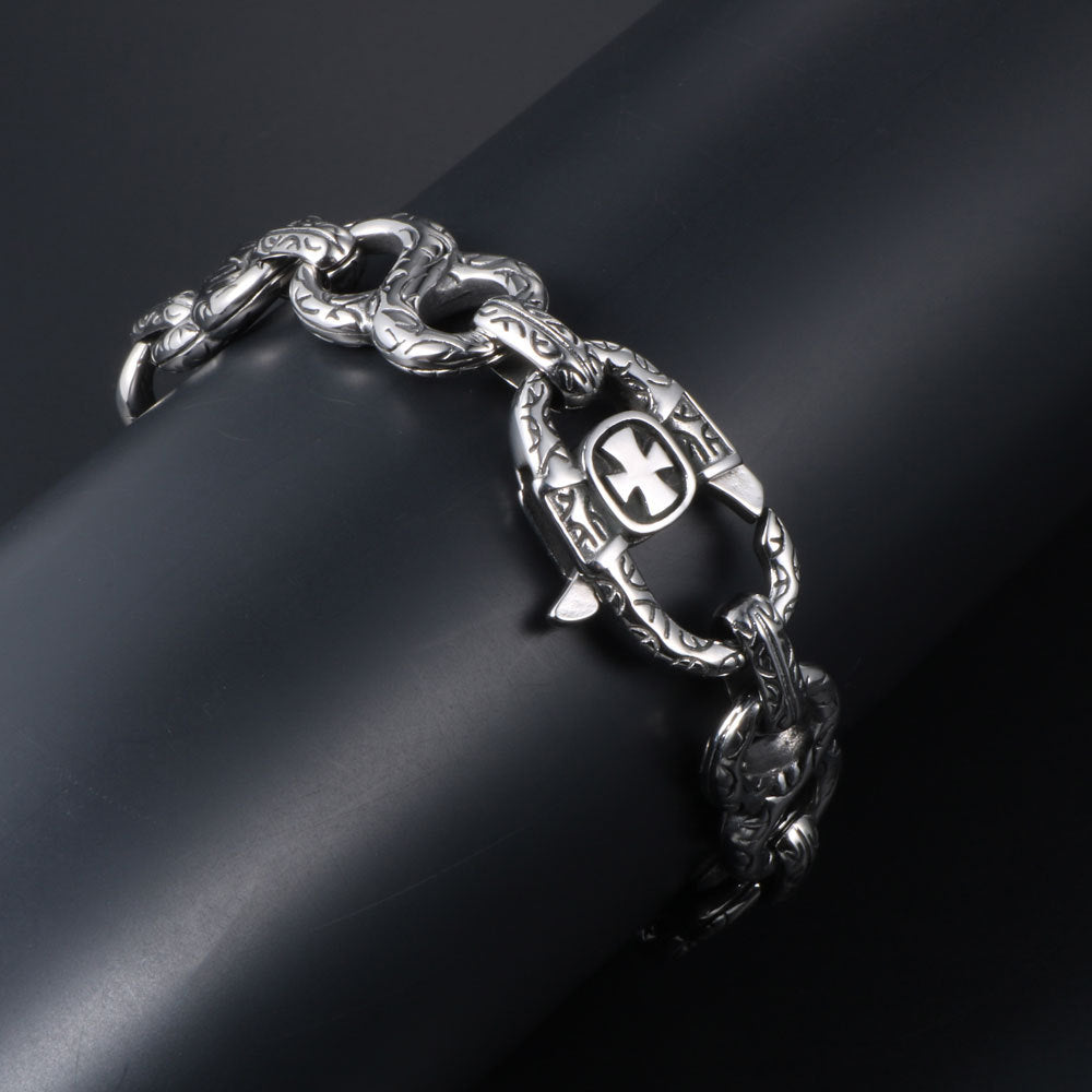 Punk-Inspired 8-Character Titanium Steel Bracelet for Men with Retro Cross Design