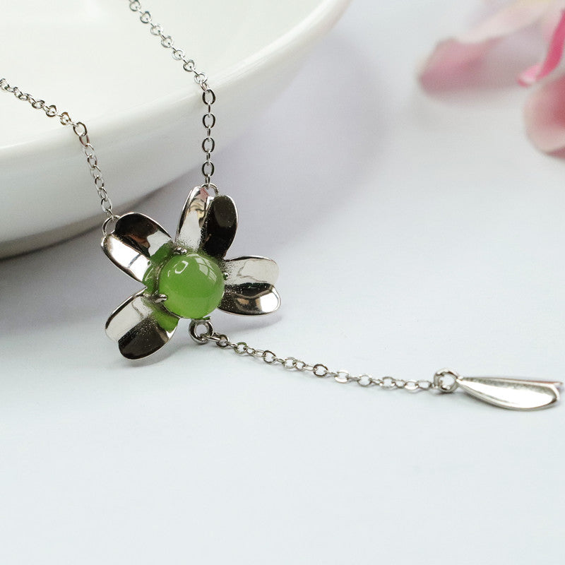 S925 Silver Natural Hetian Jade Round Jasper Flower Tassel Necklace