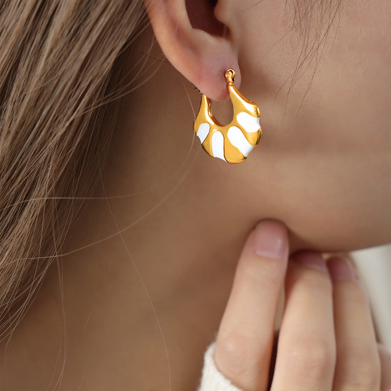 Golden Fan-shaped Enamel Earrings - Exquisite High-End Design for Stylish Women