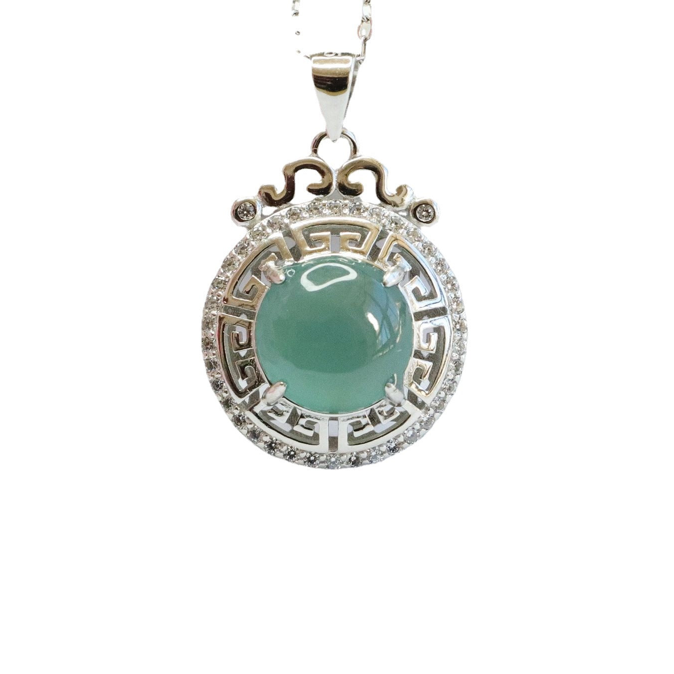 Sterling Silver Necklace with Natural Jade Beads and Hollow Circle Pendant