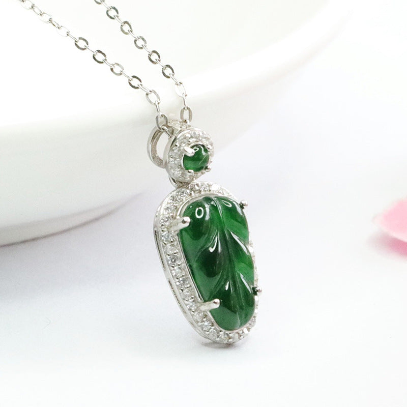S925 Silver Natural Jade Leaf Pendant Emperor Green Jade Zircon Necklace