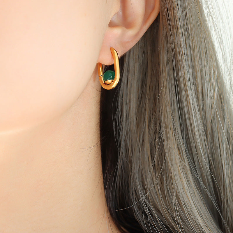 Neutral Wind Tri-Color Agate Tiger's Eye Stone U-Shaped Earrings - Gold-Plated and Non-Fading