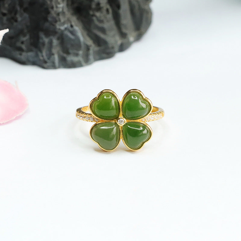 Four Leaf Clover S925 Silver Jade Ring with Zircon Accents