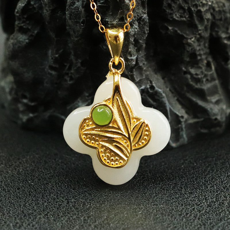 Sterling Silver Four Leaf Grass Hotan Jade Pendant Necklace