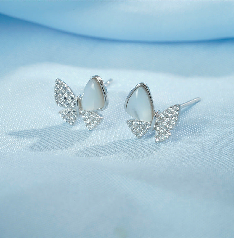 Butterfly with Mother of Pearl and Zircon Silver Stud Earrings