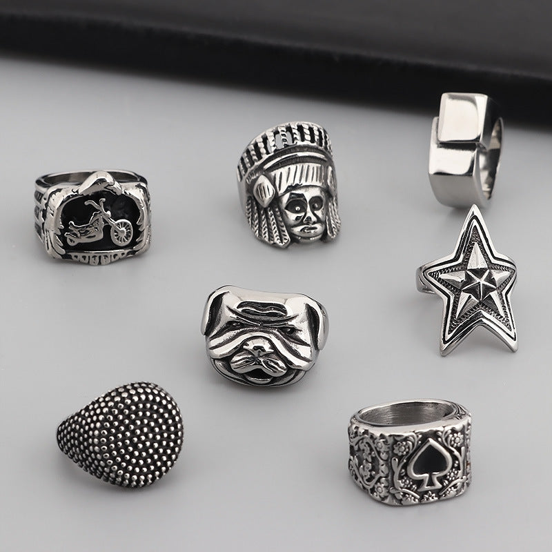 Stylish Titanium Steel Hip-Hop Ring for Men with Five-Pointed Star and Anchor Design