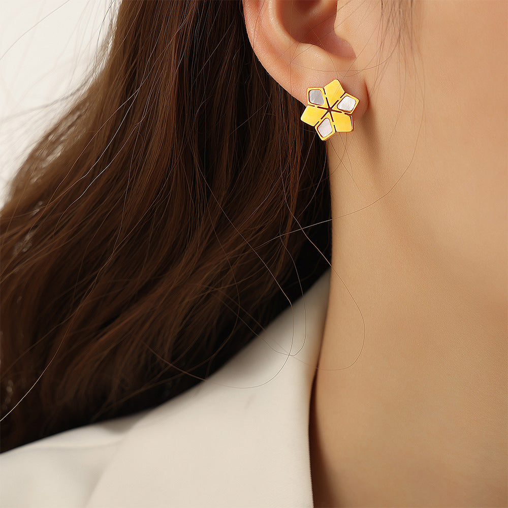 White Shell Turquoise Zircon Geometric Earrings in Gold-Plated Titanium Steel