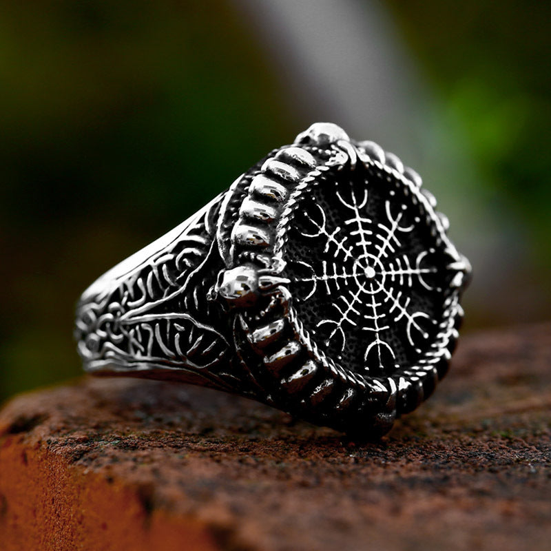 Nordic Viking-Inspired Stainless Steel Skull Ring with Compass for Men