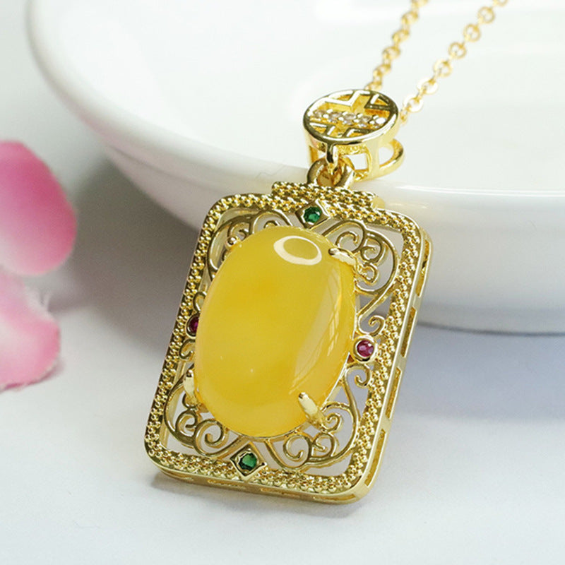 Ethnic Style Sterling Silver Pendant with Beeswax Amber