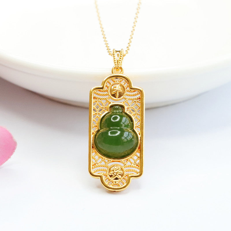 Jasper Gourd Hollow Rectangle Sterling Silver Necklace with Hetian Jade