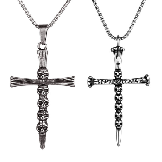 Titanium Steel Ghost Head Sword Cross Pendant Necklace for Men